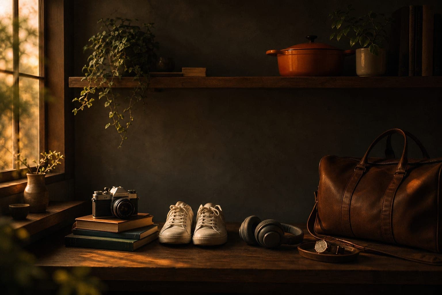 A shelf of well-loved belongings (camera, sneakers, headphones, and a leather bag) in warm evening light