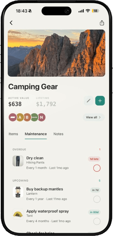 Camping Gear bundle in Ownly with maintenance tasks like dry cleaning and waterproofing
