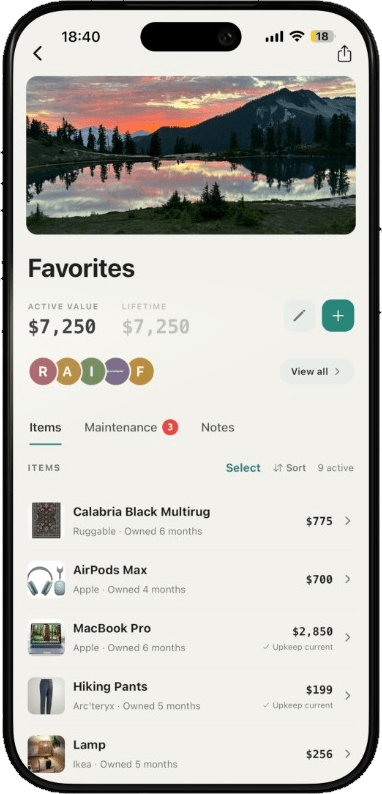 Favorites bundle in Ownly showing items, values, and upkeep status