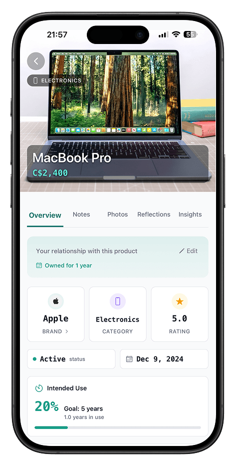 Ownly app showing MacBook Pro item details