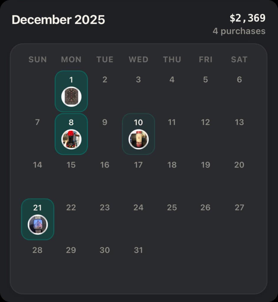 Ownly purchase calendar showing monthly spending and purchases by day